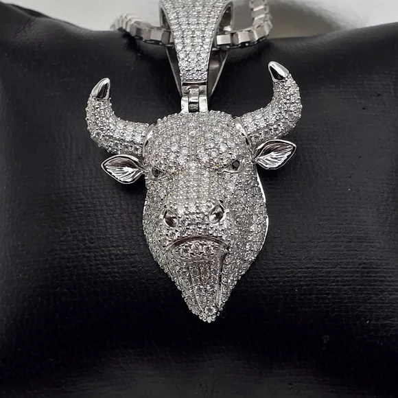 Sterling Silver 925 Moissanite Iced Bull Pendant